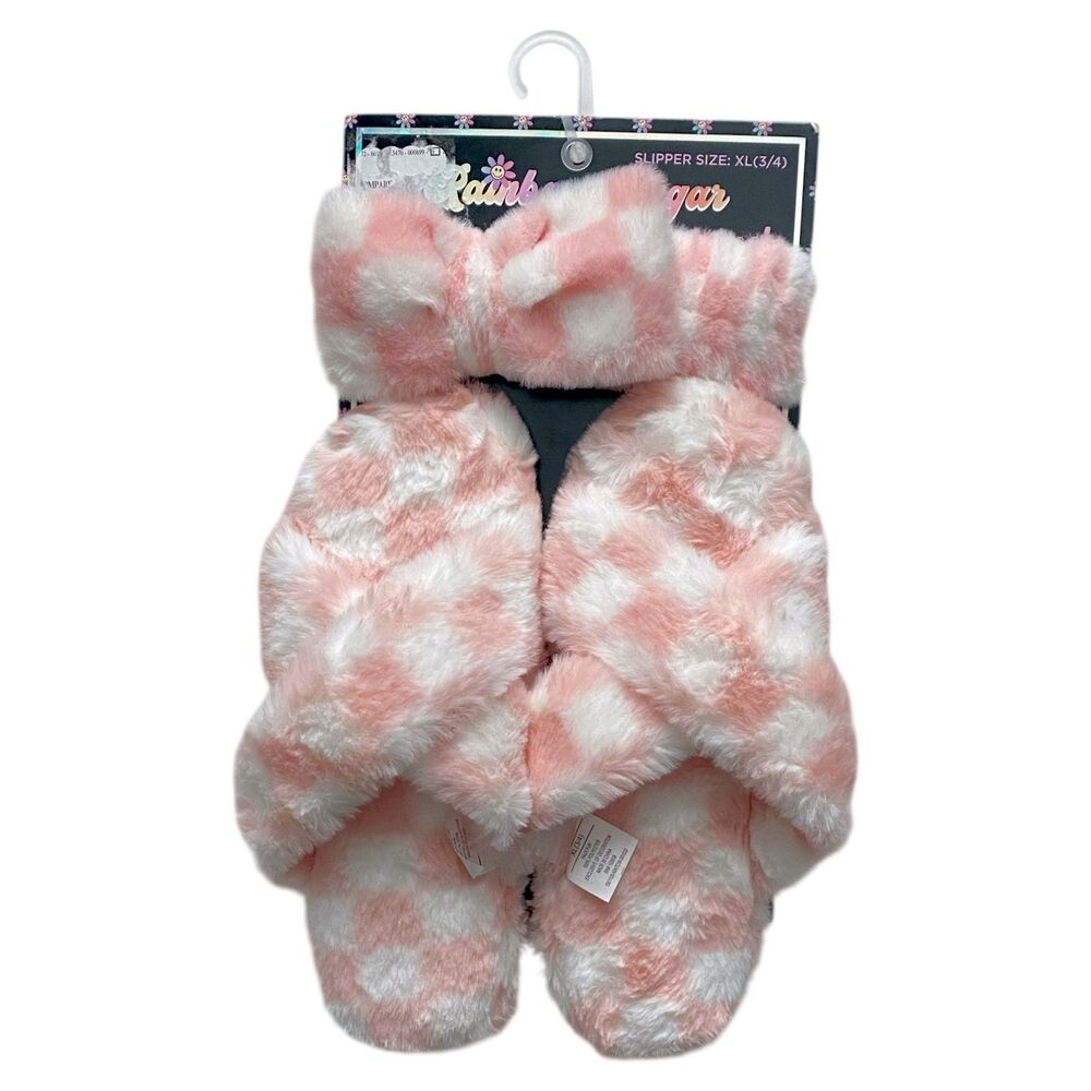 Girls Plush Slippers Flip Flops Headband Head Wrap Set Pink White Size XL 3-4